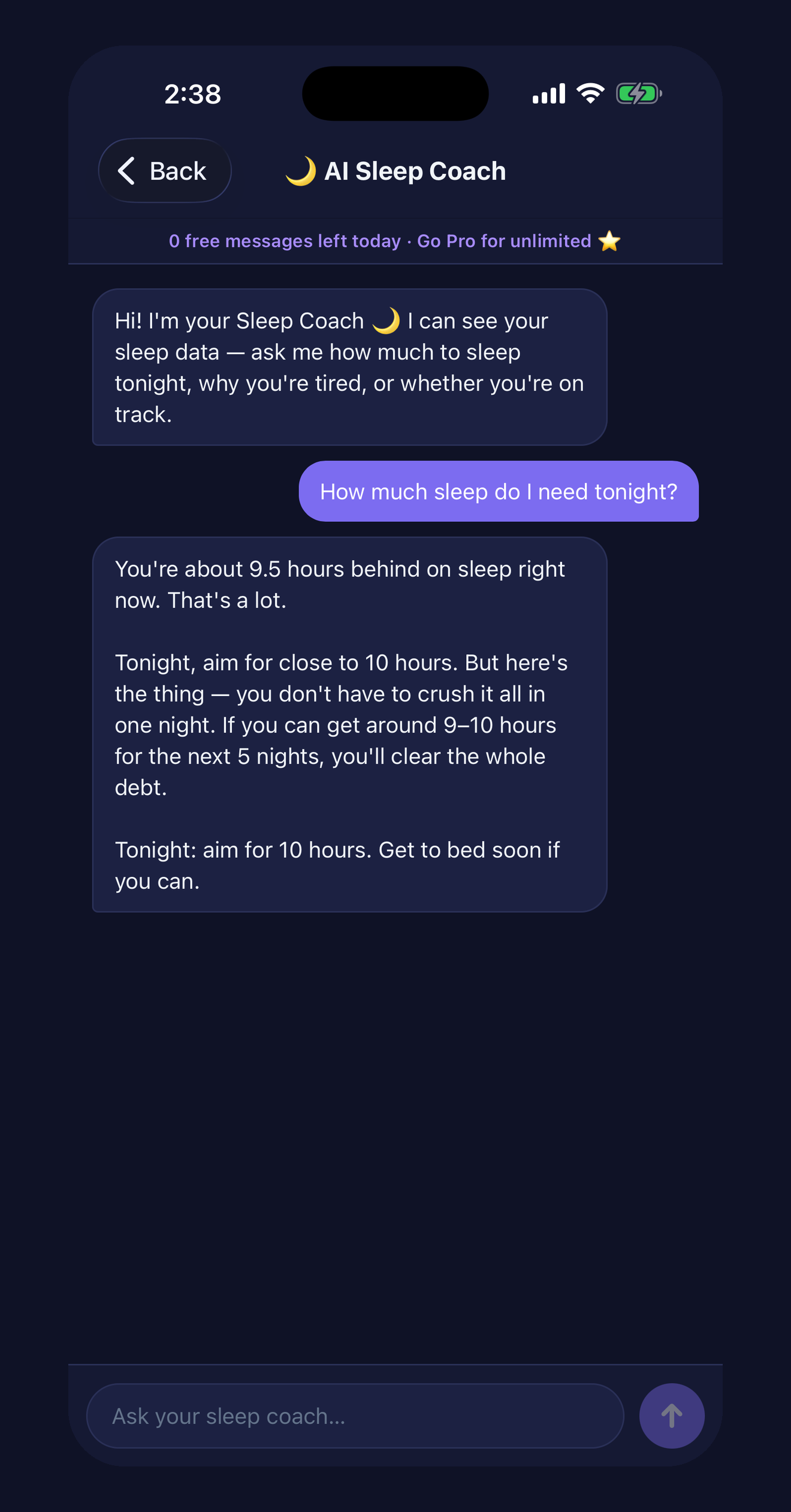The AI sleep coach answering a question