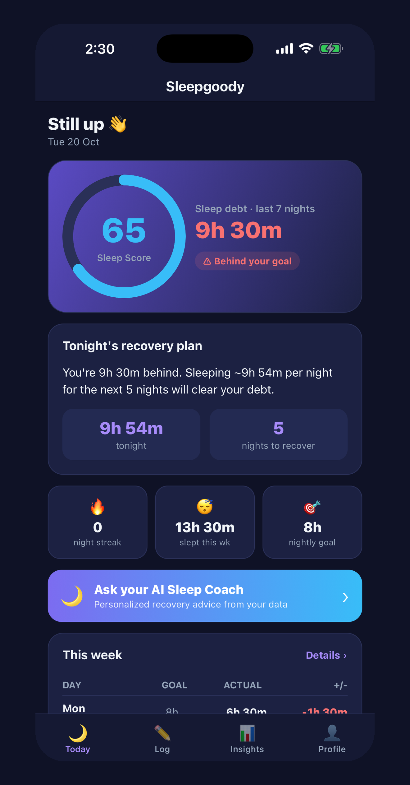 Sleepgoody showing a sleep debt of 9h 30m and tonight's recovery plan